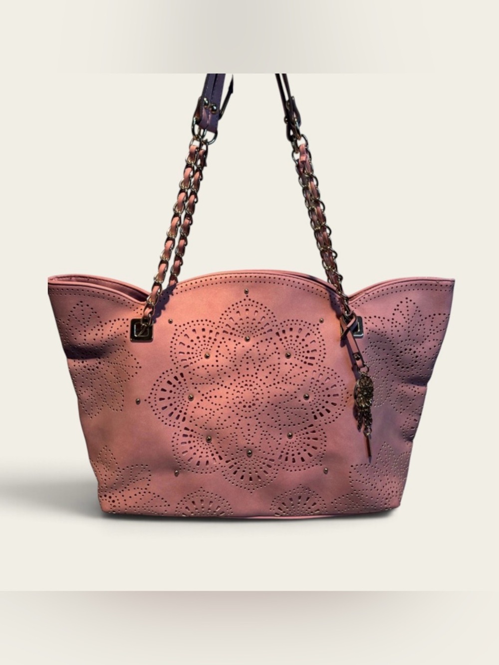 Jessica Simpson Pink Laser-Cut Tote with Chain Strap and Charm